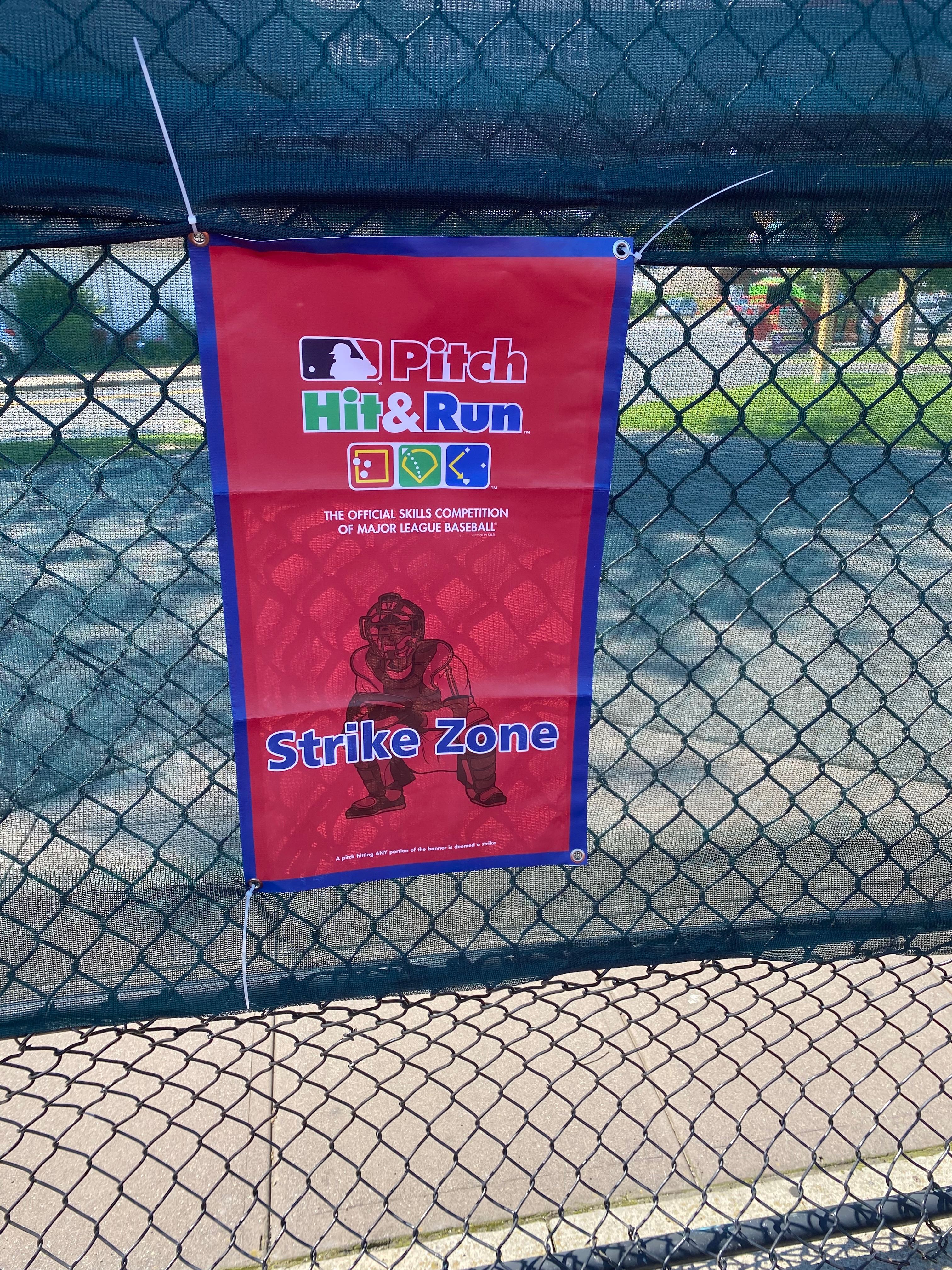 MLB Pitch Hit & Run Strike Zone banner at baseball field